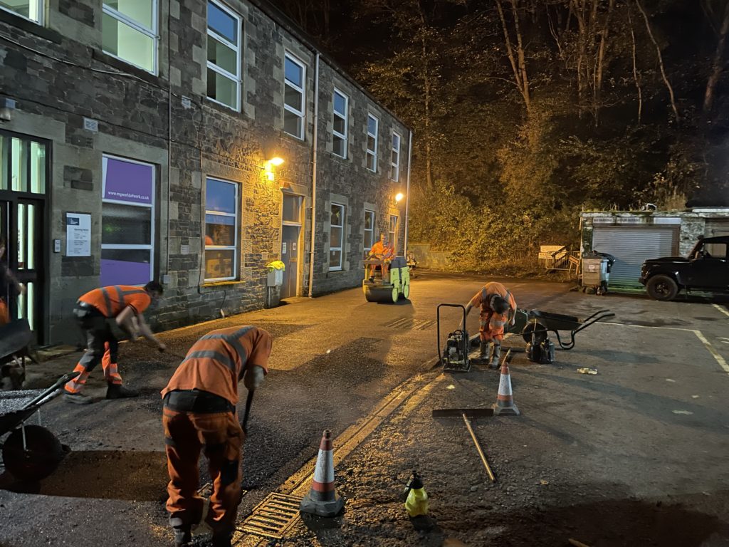 Armstrong's Roads & Driveways night crew working on tarmac carpark resurfacing job